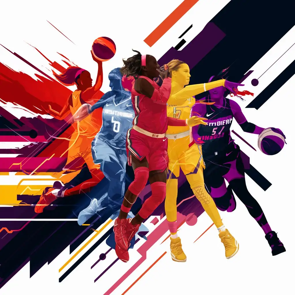 Dynamic WNBA Abstract Art with Fiery Red Electric Blue and Vibrant Yellow Hues