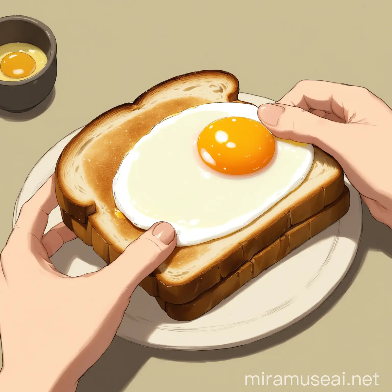  In the style of Ghibli studio, a pair of hands holds a thick slice of toast with a egg on top.
