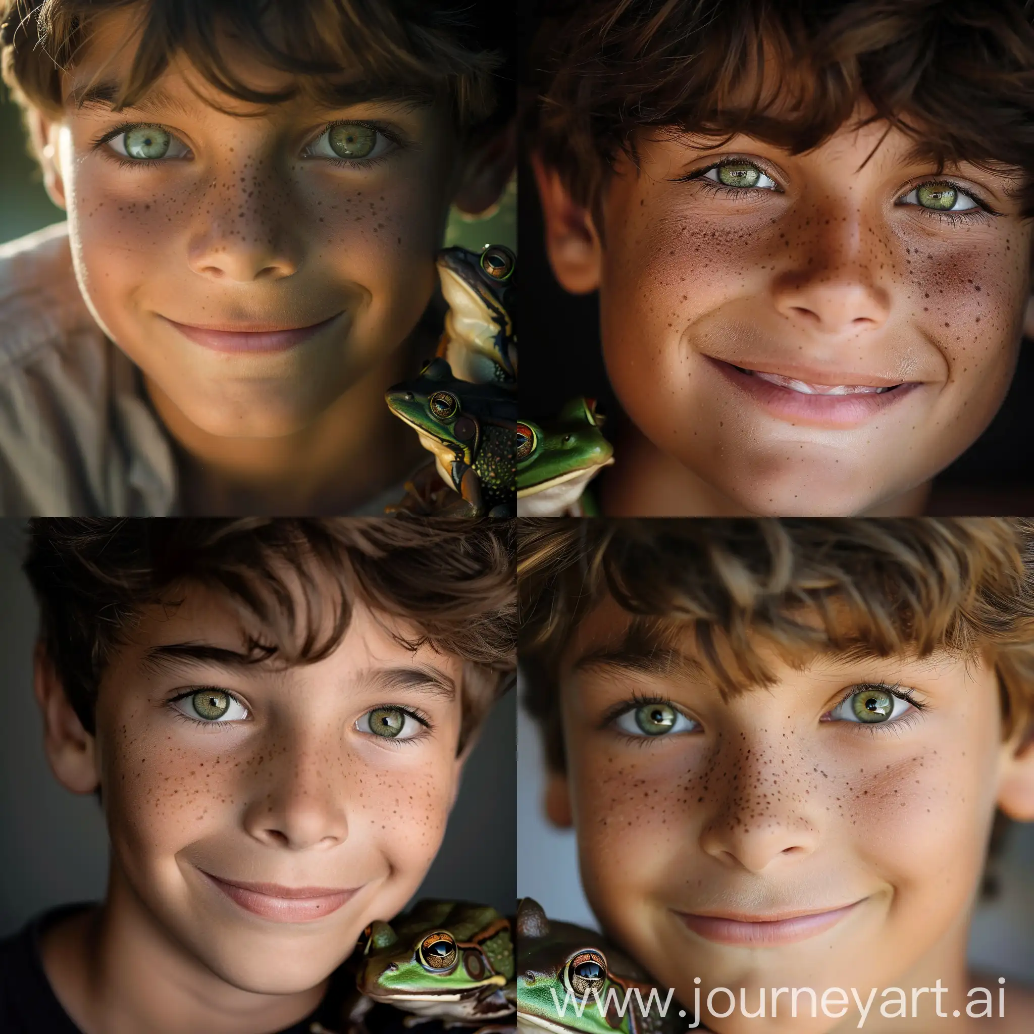 Cheerful-Teenage-Boy-Portrait-with-Bright-Green-Eyes-and-Friendly-Frog-Companion