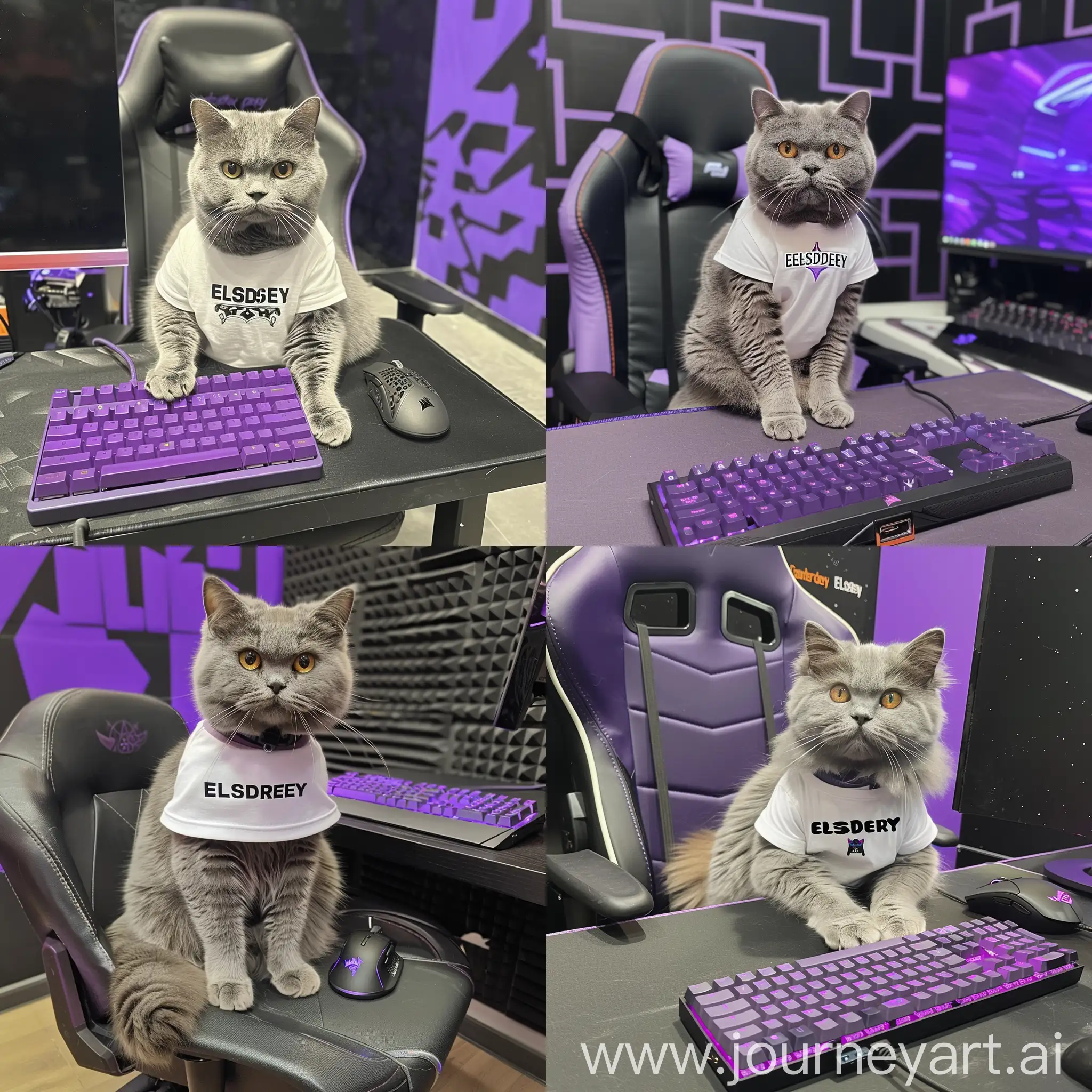 A gray cat of the British breed sits on a computer chair at a table on which there is a purple keyboard and a black gaming mouse, behind the cat there is a black and purple wall, the cat is dressed in a white T-shirt with text"ELSDREY" written in the center of t-shirt