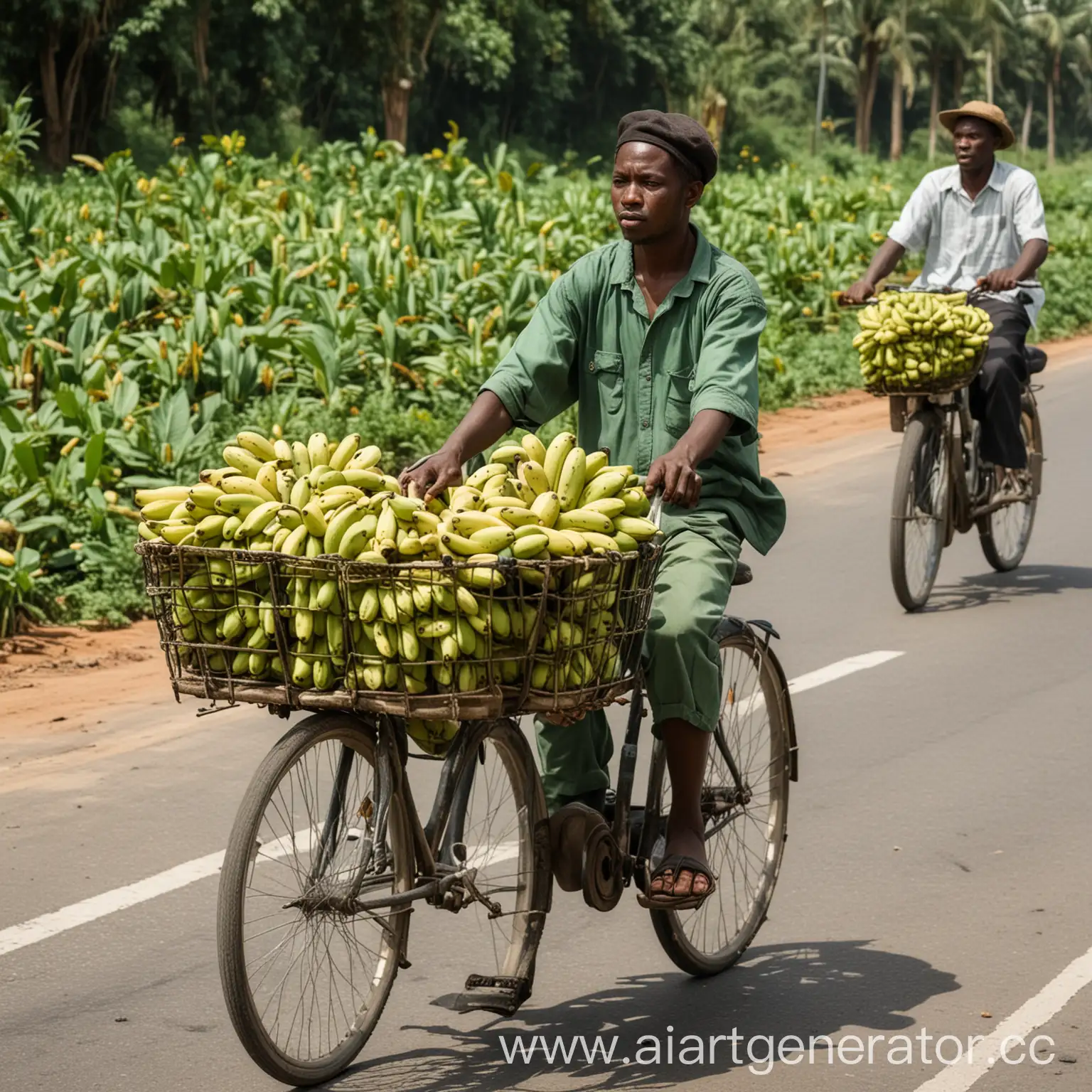 非洲黑人骑自行车拉香蕉，后排都是绿色没有熟的香蕉，行驶在马路上