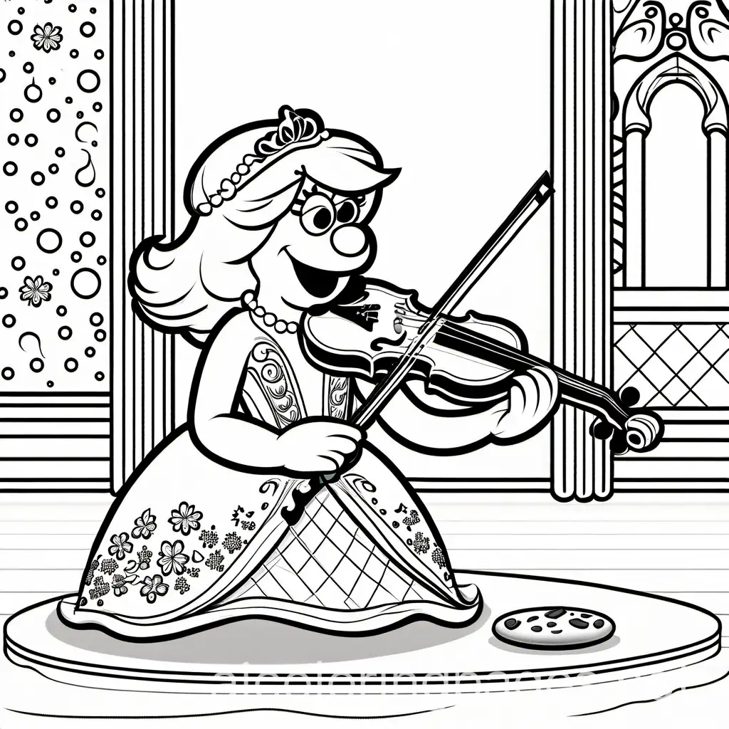 elmo eating a cookie. 
elsa playing the violin , Coloring Page, black and white, line art, white background, Simplicity, Ample White Space. The background of the coloring page is plain white to make it easy for young children to color within the lines. The outlines of all the subjects are easy to distinguish, making it simple for kids to color without too much difficulty