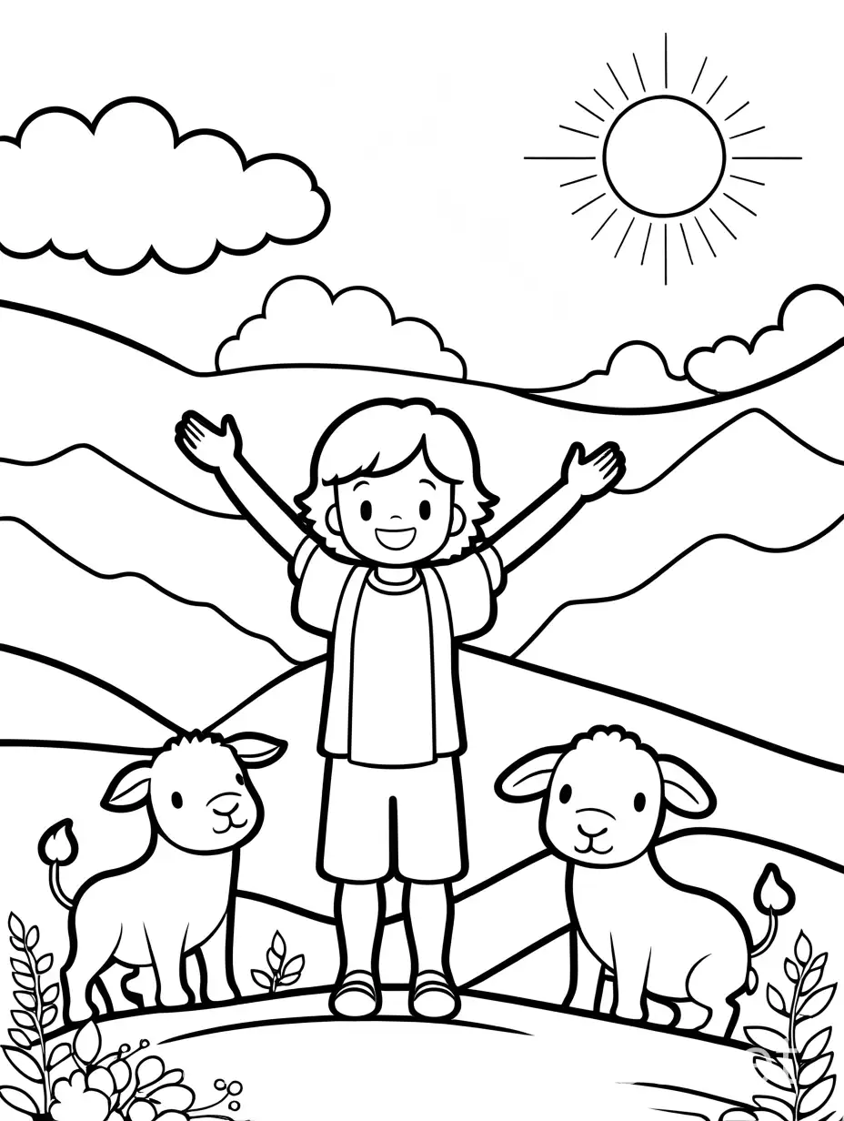 Create a cute and simple black-and-white line art coloring page for young children.  A happy child standing confidently on a small hill with arms raised triumphantly, symbolizing strength and confidence. The child can have a cheerful expression and an aura of light around them to signify divine support. Small animals (e.g., a strong lion, a gentle lamb) looking up at the child with admiration.  Ample white space and easy for children to color within the lines. Small happy children holding hands. Kawaii style. No borders.