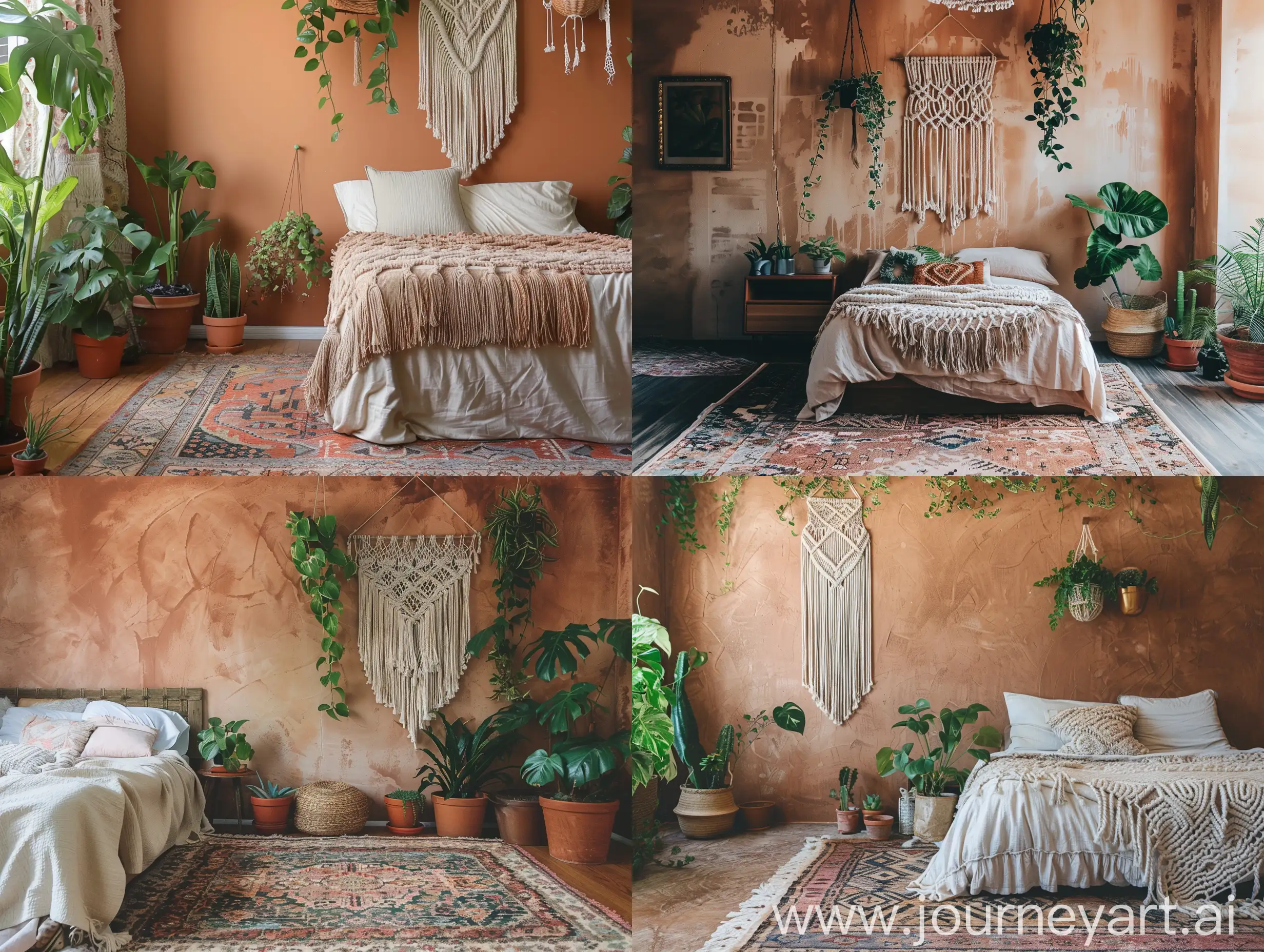Cozy-Bedroom-Decor-with-Macrame-Hanging-and-Vintage-Rug