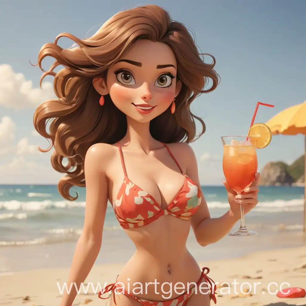 мультяшная женщина на пляже с коктейлем