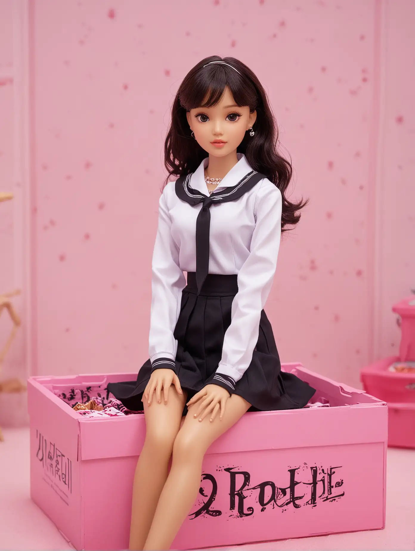 Teenage Barbie Doll Seo Yeaji in Elegant Black and White School Uniform Sitting in Pink Box Room