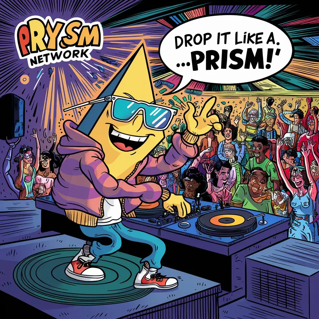 Create a funny meme about PRYSM NETWORK. Cartoon. D.J. Party. Light music. 