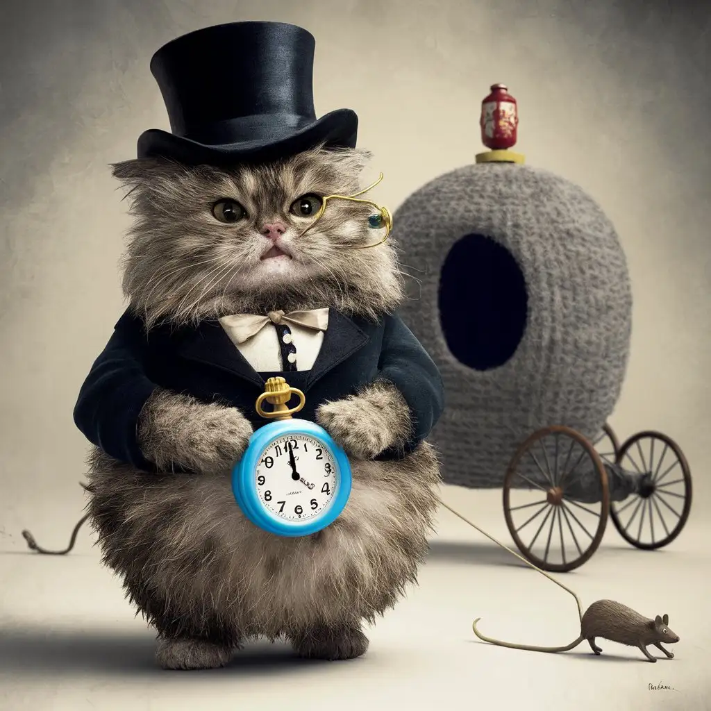 A shaggy haired cat with an extra round tummy is dressed like a British gentleman,  in his hands he holds a oversized pocket watch made of blue plastic.  In the background a carriage made of scratching post material is being pulled by a toy mouse