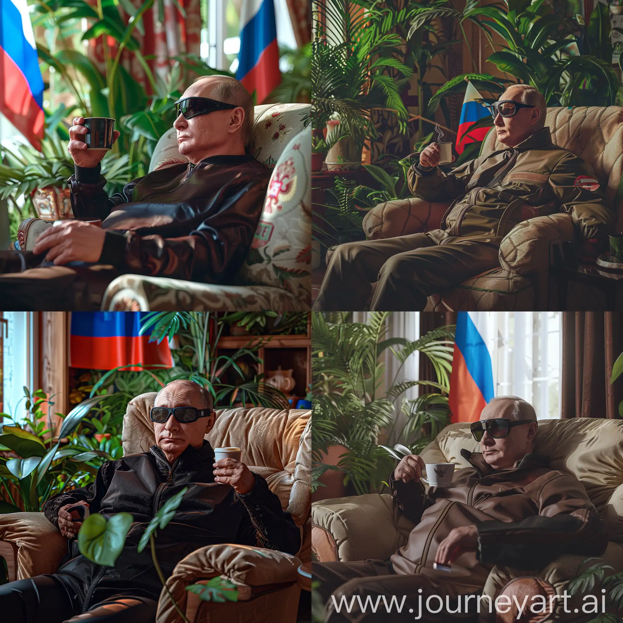 Vladimir-Putin-Relaxing-in-Sunlit-Home-with-Russian-Flag-and-Coffee