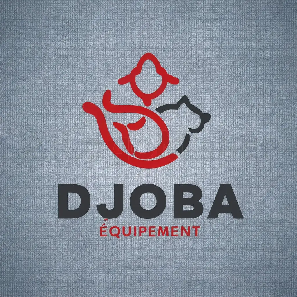 LOGO-Design-For-DJOBA-QUIPEMENT-Bold-Red-and-Black-with-Fish-Dog-and-Cat-Club-Theme
