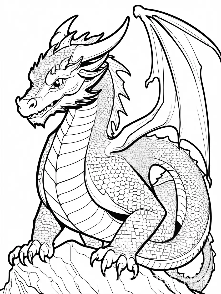 fantasy roll play easy kids dragon, Coloring Page, black and white, line art, white background, Simplicity, Ample White Space. The background of the coloring page is plain white to make it easy for young children to color within the lines. The outlines of all the subjects are easy to distinguish, making it simple for kids to color without too much difficulty