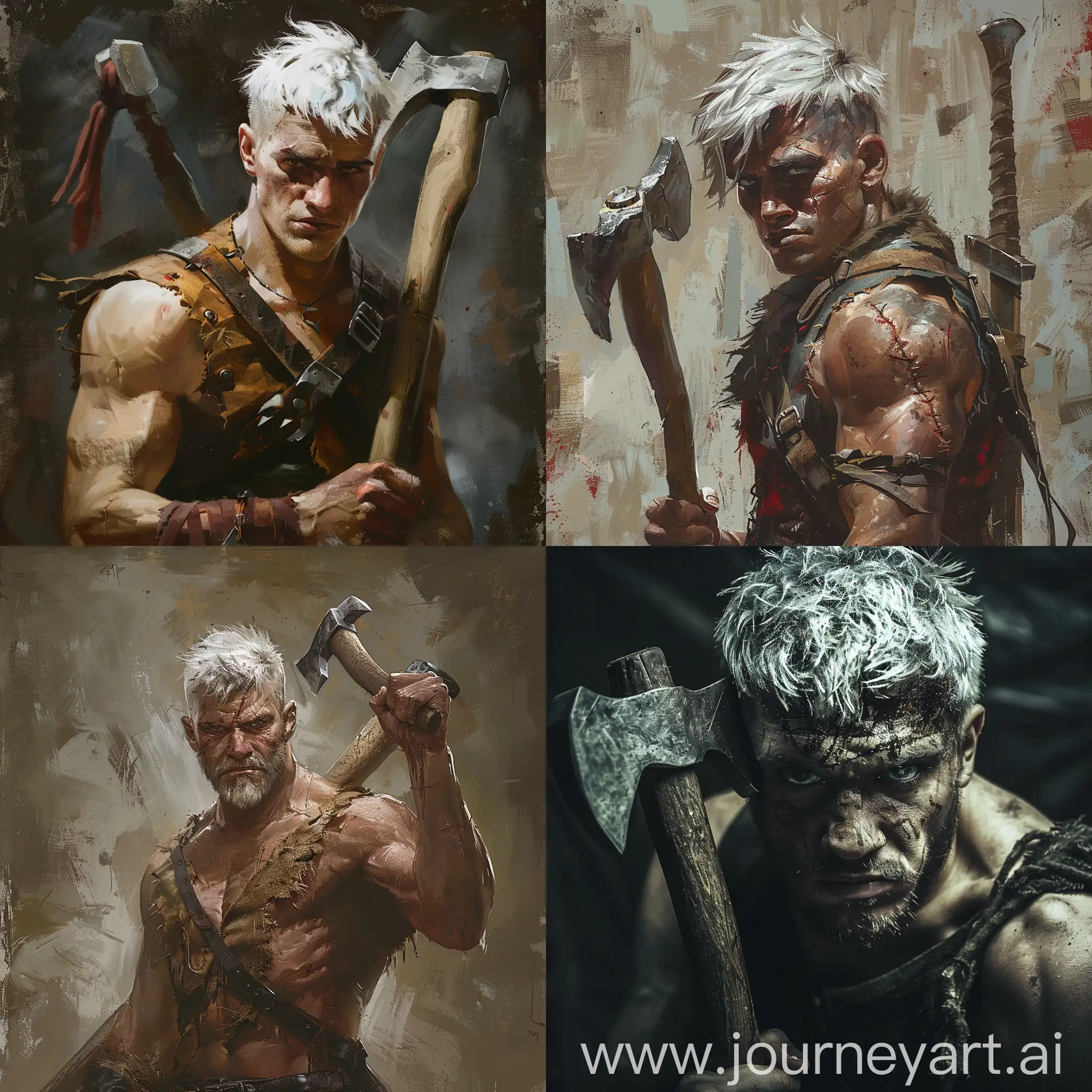 Warrior, menacing face, young, small beard, white hair, man, ax in right hand