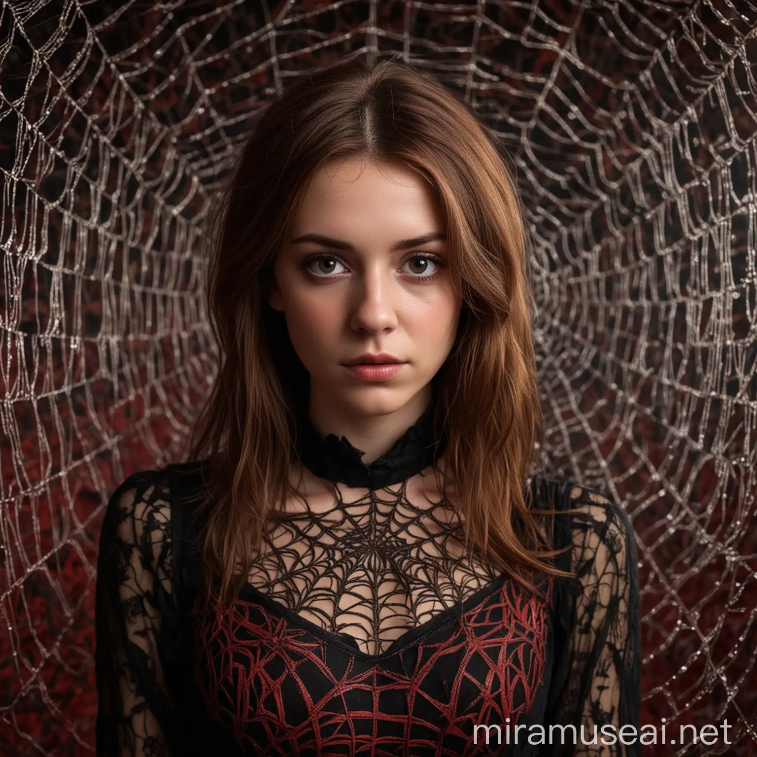 Mysterious Woman in Intricate Black Dress with Spider Web Background