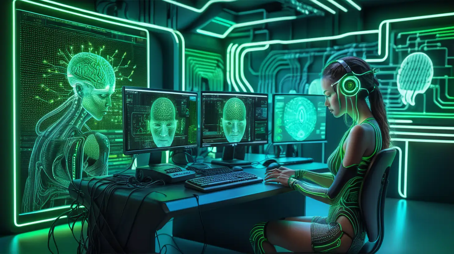 Futuristic BrainComputer Interface BCI Hacker in Neon Cyberpunk Lab