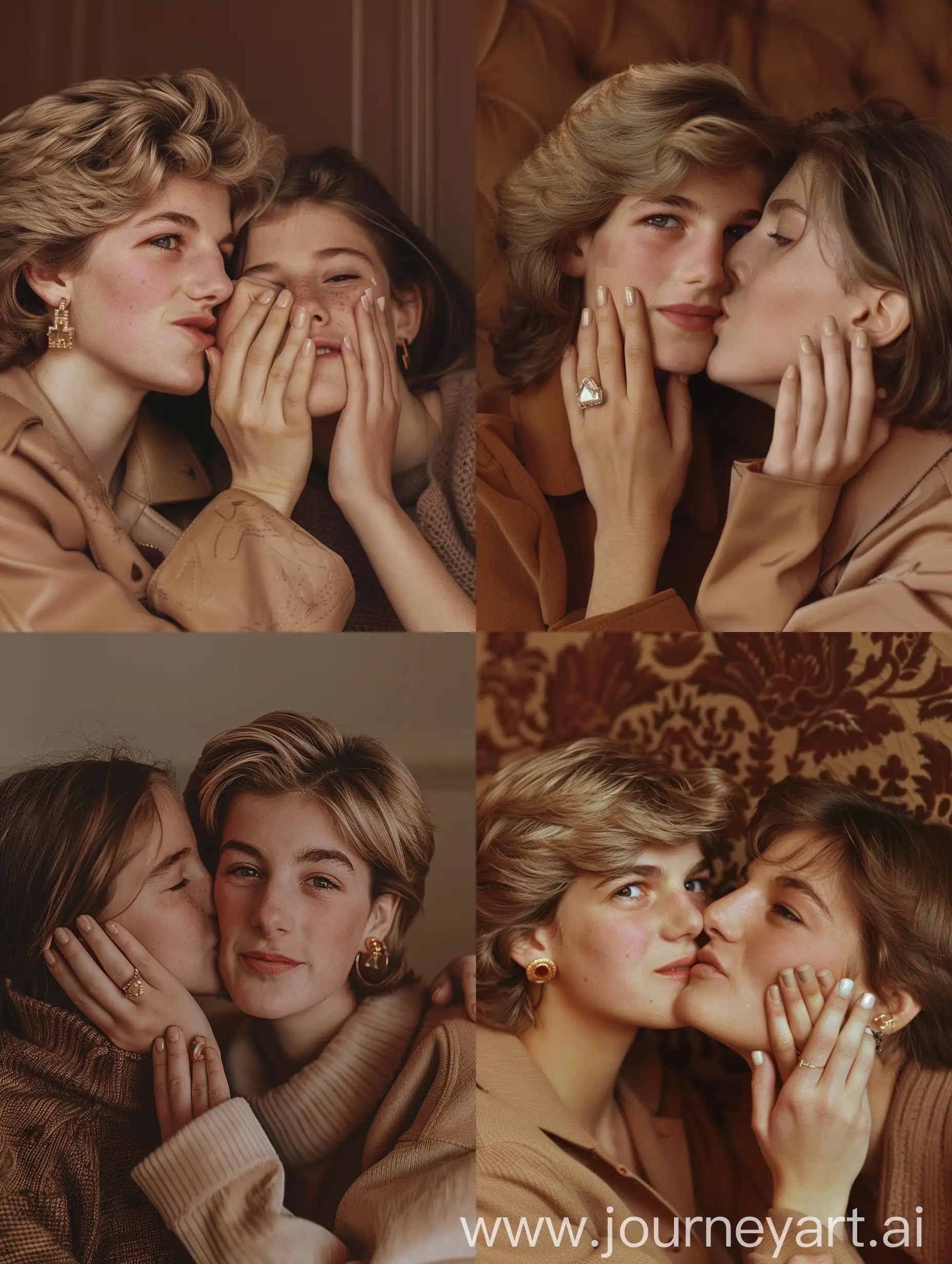 Aesthetic Instagram selfie of princess Diana with her teenage daughter, cute, kissing cheek, warm brown tones, one hand on the others cheek, manicured, beige gel nail polish