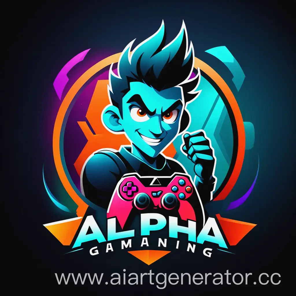 Логотип для ALPHA игровая с персонажем на фоне и джойстиком