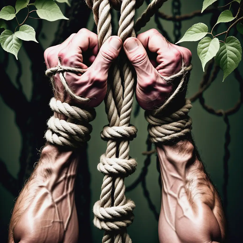 Strong Hands Holding Bondage Vines Under Tree