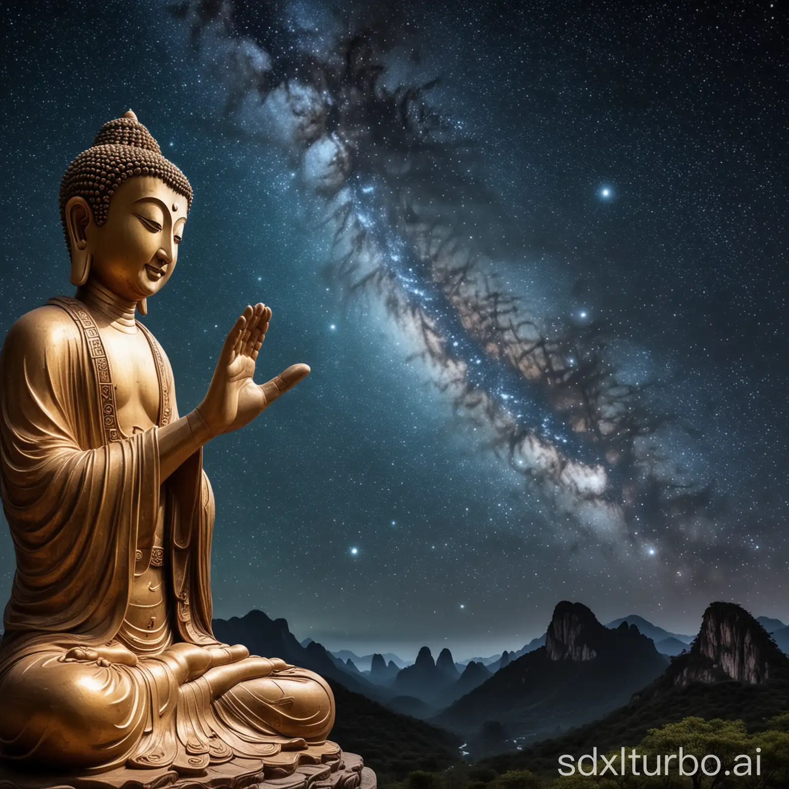 The Chinese Buddha stretched out his finger and touched the finger of ET, and the background was the cosmic starry sky.