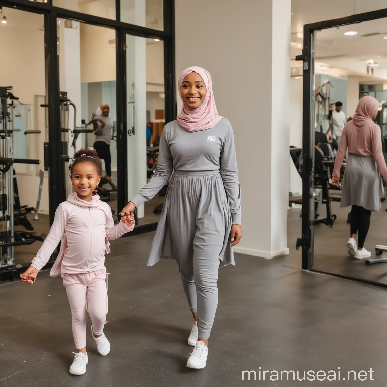 Smiling Mother in Modest Gymwear Leads Toddler Daughter to Gym Entrance