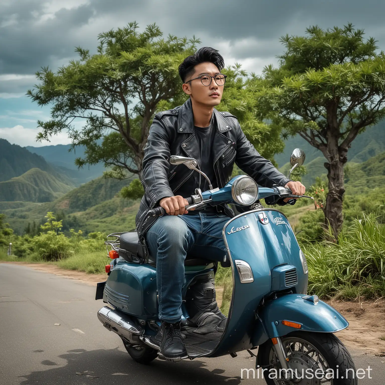 A handsome Korean man with an undercut hairstyle and black glasses is wearing a black leather jacket and medium-washed Levi's, sitting on a Vespa motorcycle facing the camera full body, with a lush green tree and bright blue cloudy HDR extreme background, under Mount Bromo in Indonesia, original realistic face