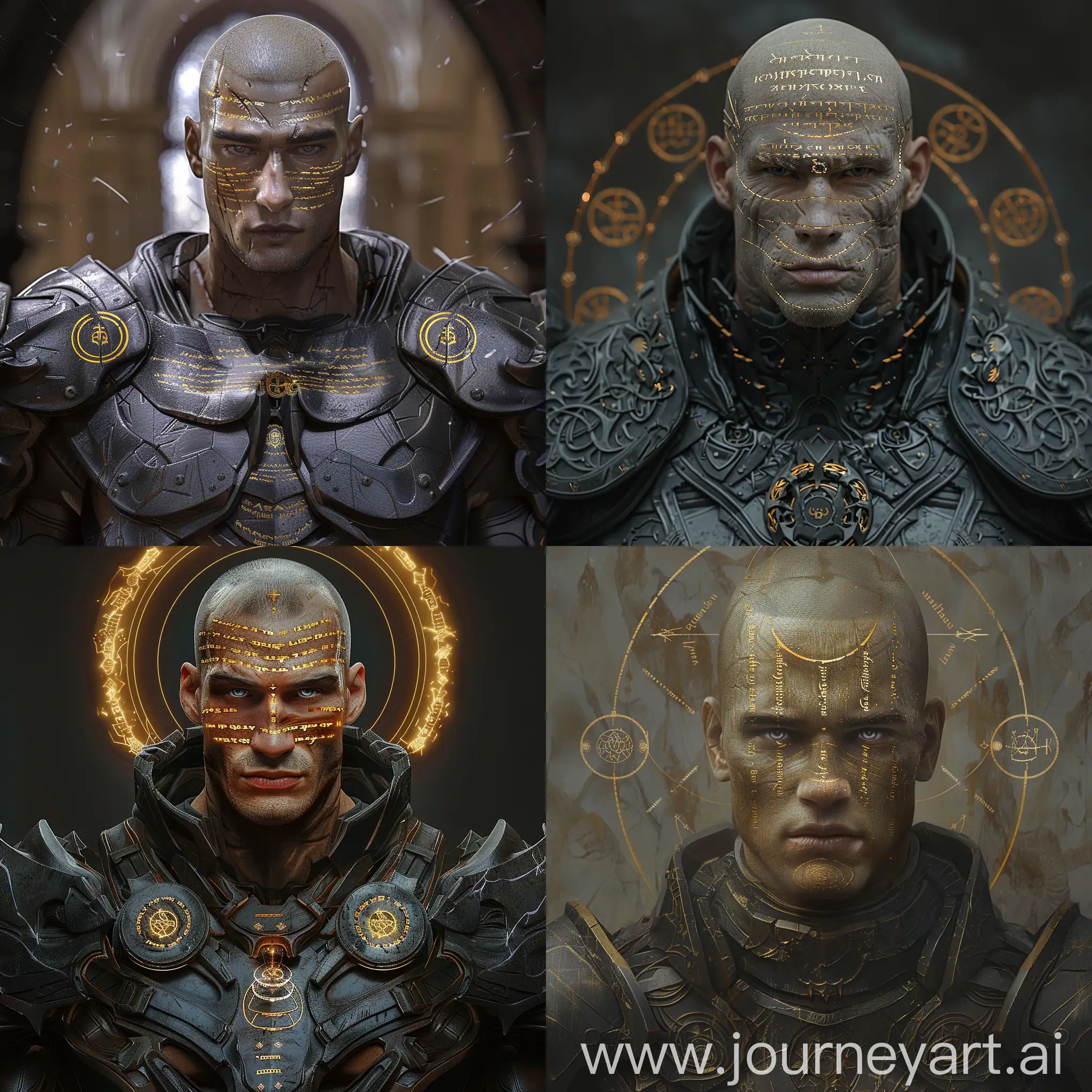 sigma european man with perfect face features, golden tanned skin, lines of golden text on his face, muscular, completely bald and shaved, grey eyes, chaos lord, dark  apostle, massive chaos corrupted armor, circle runes engraved on armor, purity seals, chaos halo.