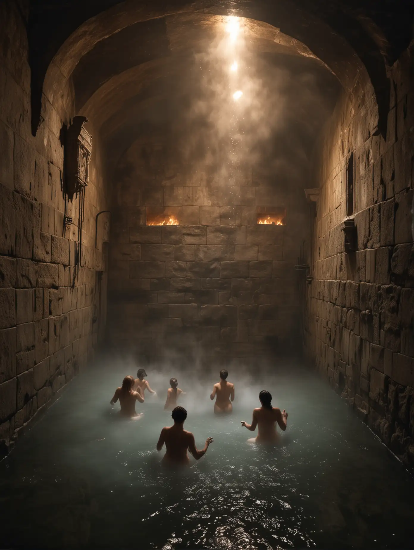 Ghosts of Roman Revelry Nighttime Nude Bathing in 17th Century Castle Vault  | AI Image Generator