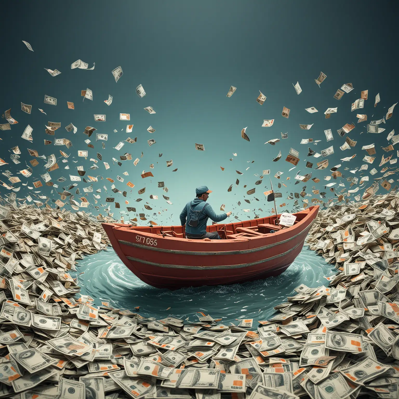 A playful image featuring a small boat navigating through a sea of bank accounts and cross-border payments, portraying your company as the guide through the complexities of payments.