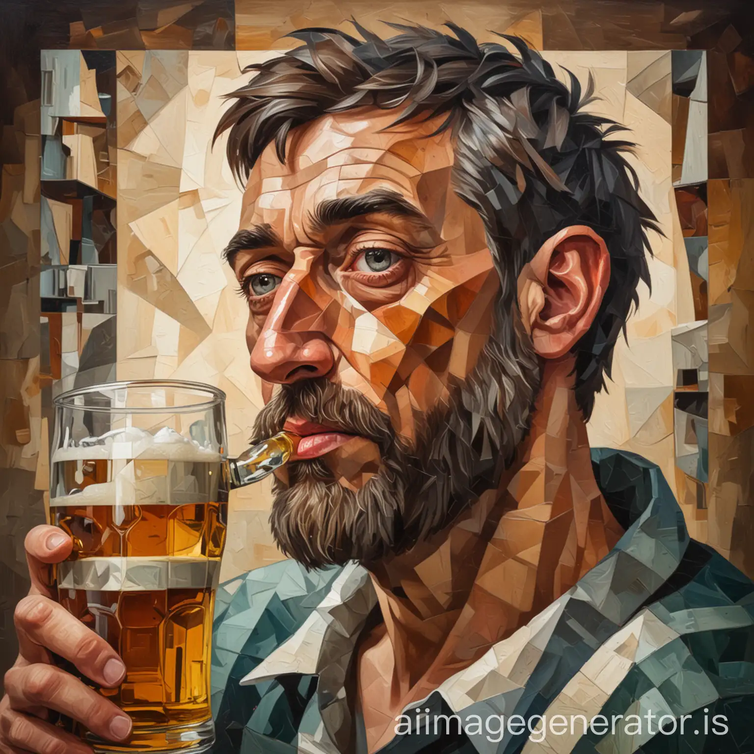 a portrait of someone drinking a beer in a cubism style