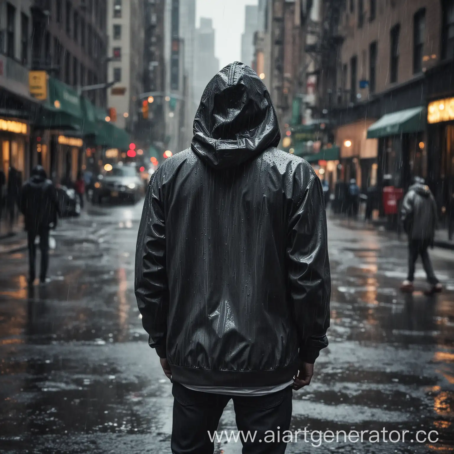 Человек в капюшоне стоит спиной под дождём в нью-йорке