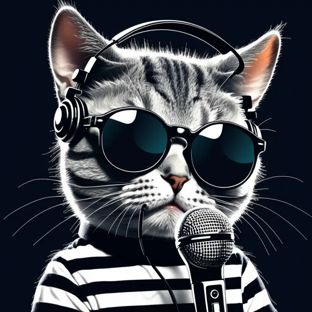 серый полосатый кот диджей в тёмных узких очках  с микрофоном в стиле мема