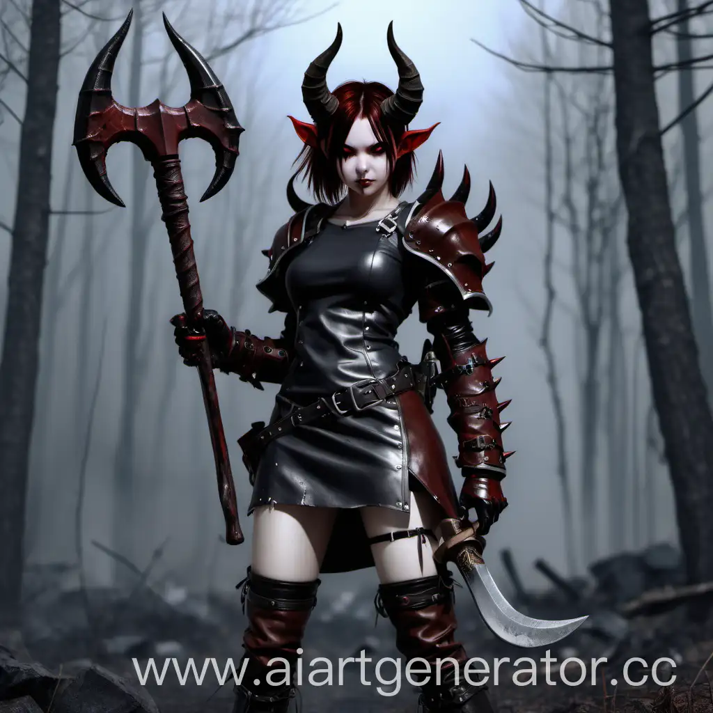 Horror-RPG-Girl-with-Devil-Horns-and-Big-Axe-in-Gray-Leather-Armor