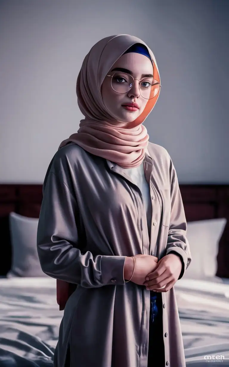 A most beautiful teenage girl.  17 years old. She wears a hijab, skinny shirt,
She is beautiful. She standing near the bed.
petite, plump lips.  Elegant, pretty, thick eyebrows, soft eyes, bony face, top view, glasses. Cowboy shot, persian