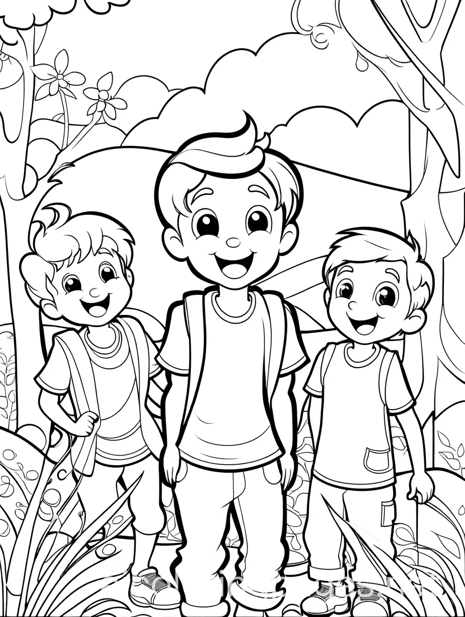 Create an Image laughing boy with Friends. Image should be Black and white. Age group 3+ not more than. , Coloring Page, black and white, line art, white background, Simplicity, Ample White Space. The background of the coloring page is plain white to make it easy for young children to color within the lines. The outlines of all the subjects are easy to distinguish, making it simple for kids to color without too much difficulty