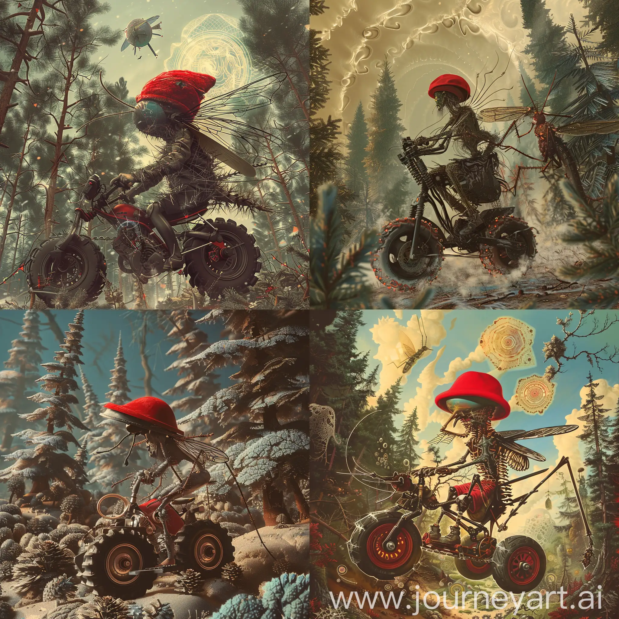худой человекоподобный комар в красной шапке ушанке на квадроцикле в сосновом лесу на псай трансе среди фракталов