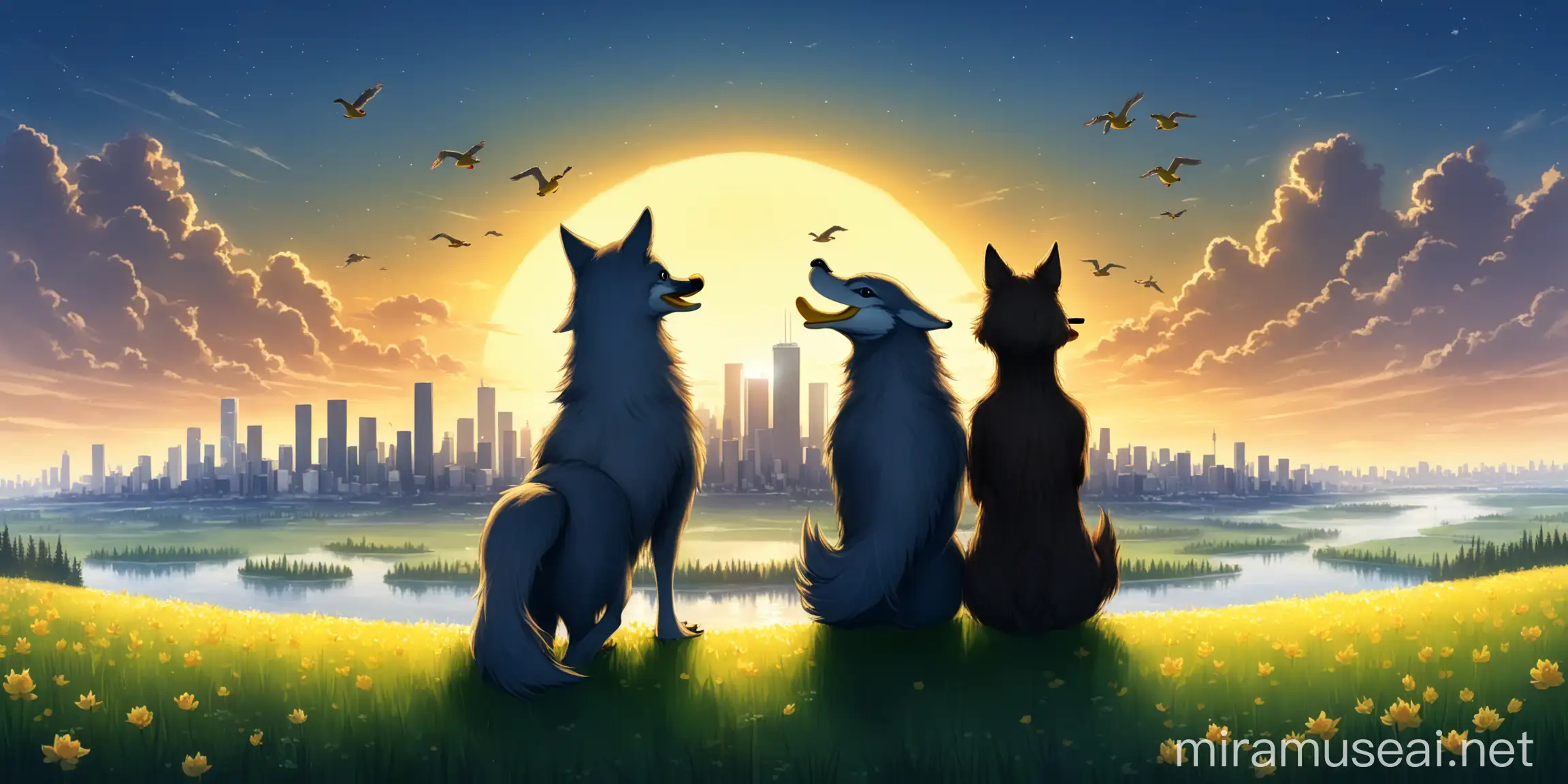 Beautiful Country Skyline with Ducky and Wolf