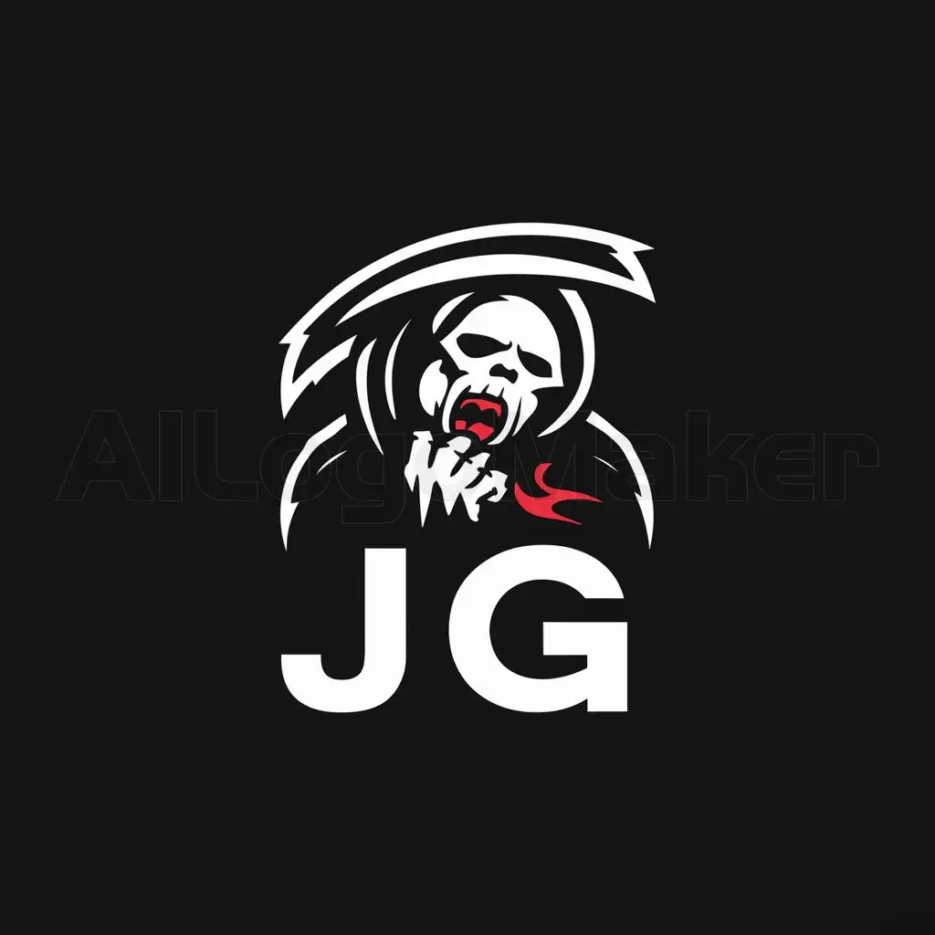 a logo design,with the text "Jg", main symbol:reaper of death suffering pain,Minimalistic,clear background