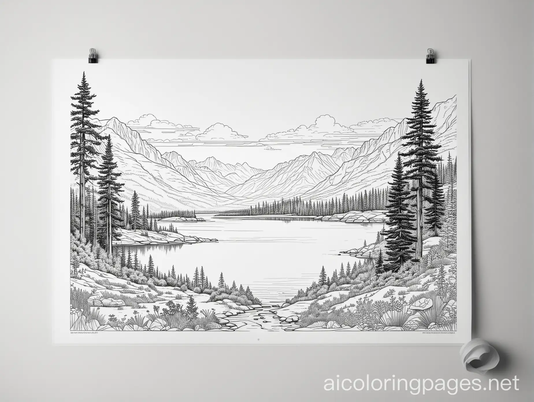 Scenery of British Columbia, Coloring Page, black and white, line art, white background, Simplicity, Ample White Space