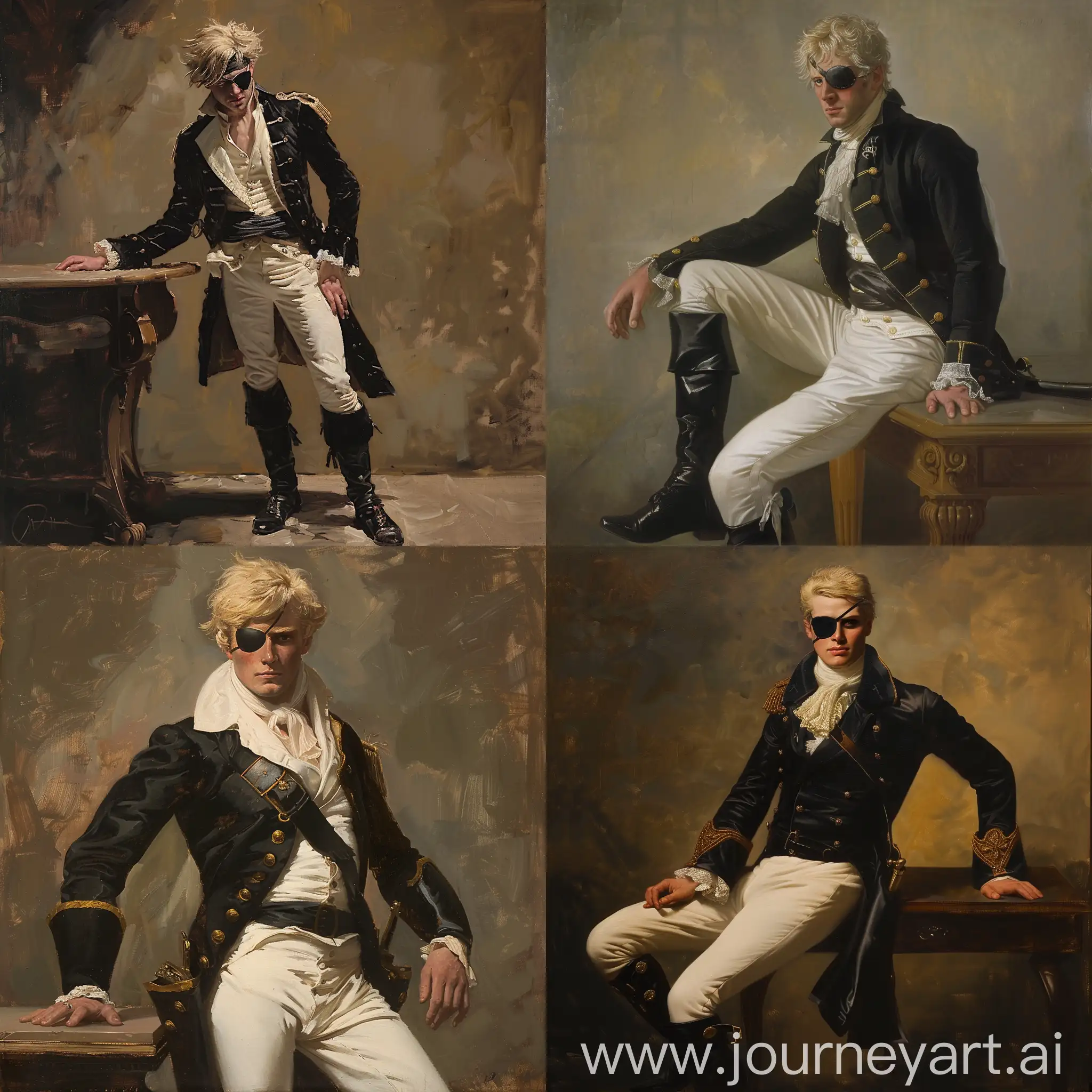 Napoleonic Oil painting of a white blonde male figure with a left eyepatch and a black tailcoat with tall black napoleonic boots and white pants, leading his right arm on the table, looking to his left, in the style of Gilbert Stuart