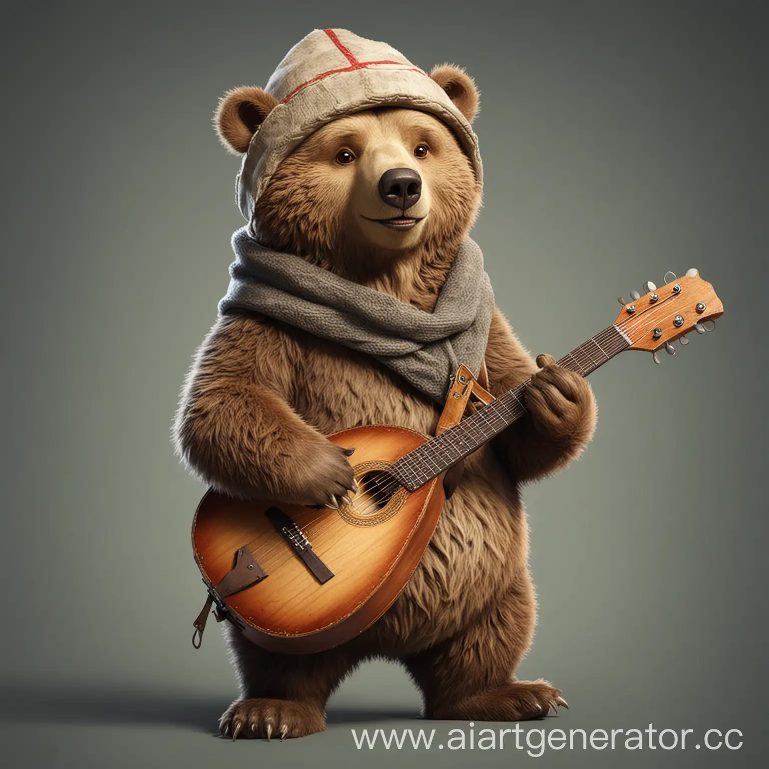 Суровый мультяшный медведь с шапкой-ушанкой и балалайкой