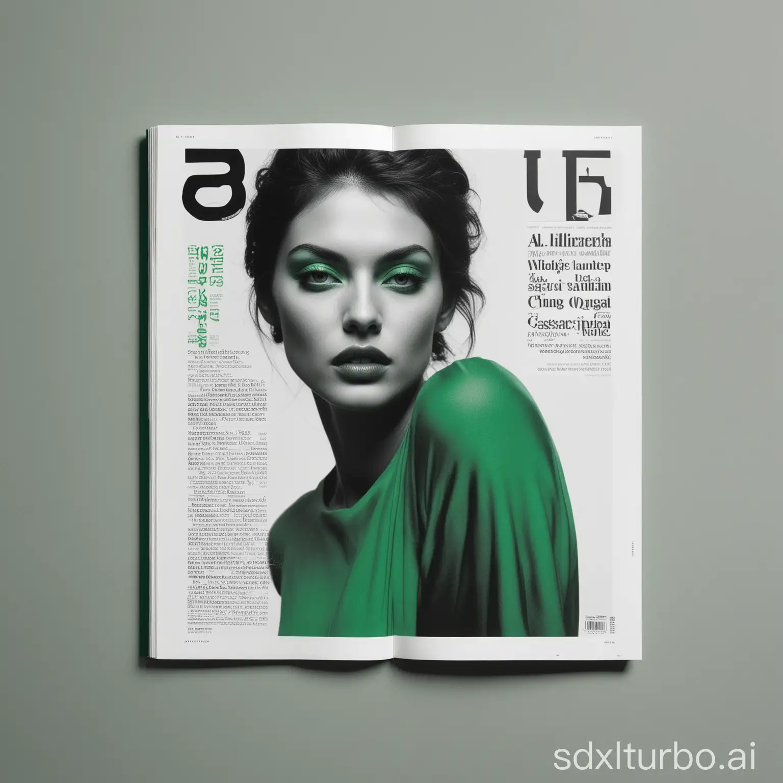 printed layout of contemporary art magazine. Ultra-modern design, bold typographics, large bright-green headers, unconventional use of high-fashion photogrpaphy --v 6