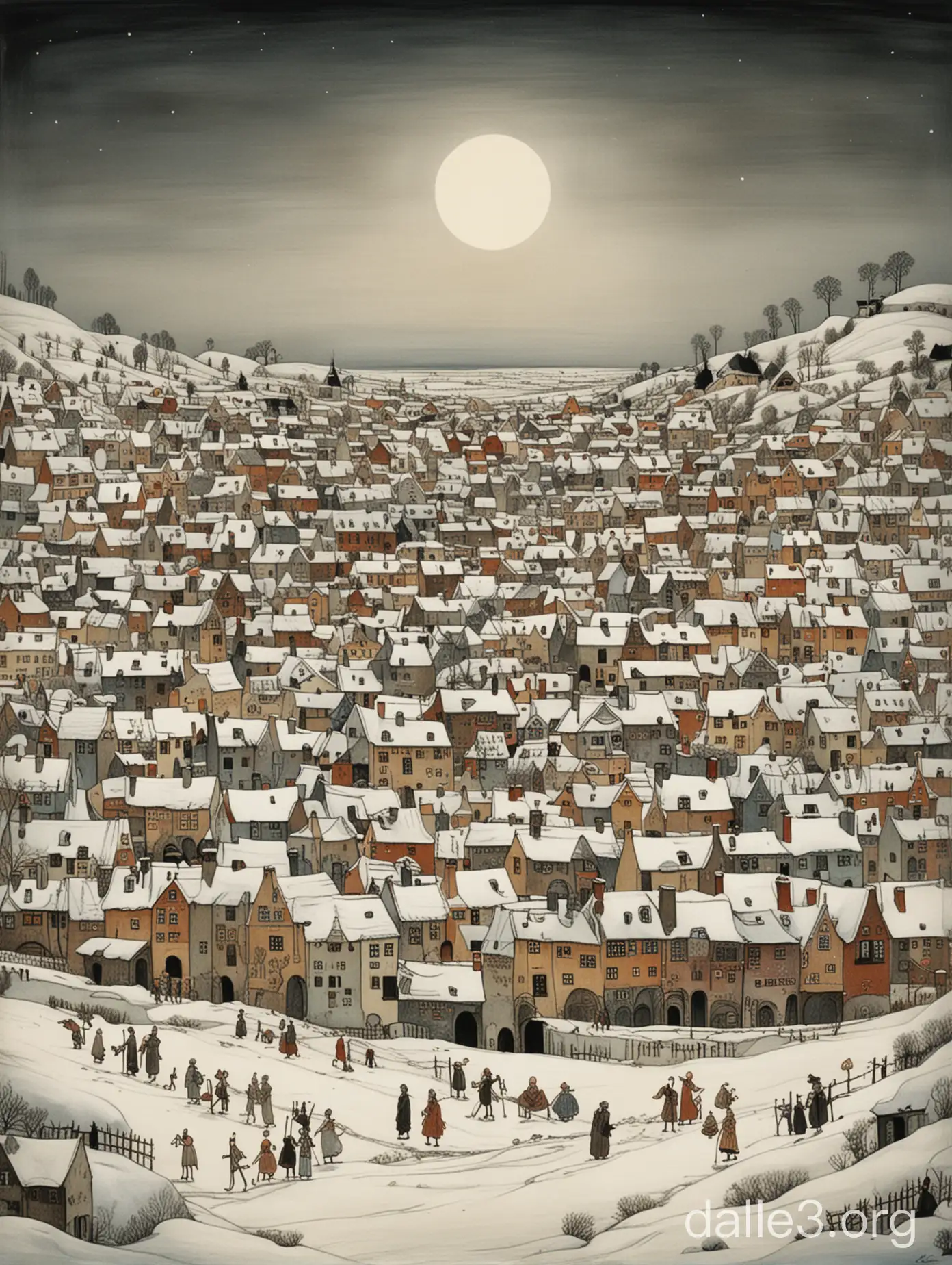 village in the snow, by Kay Nielsen, Arthur Rackham and Paul Klee