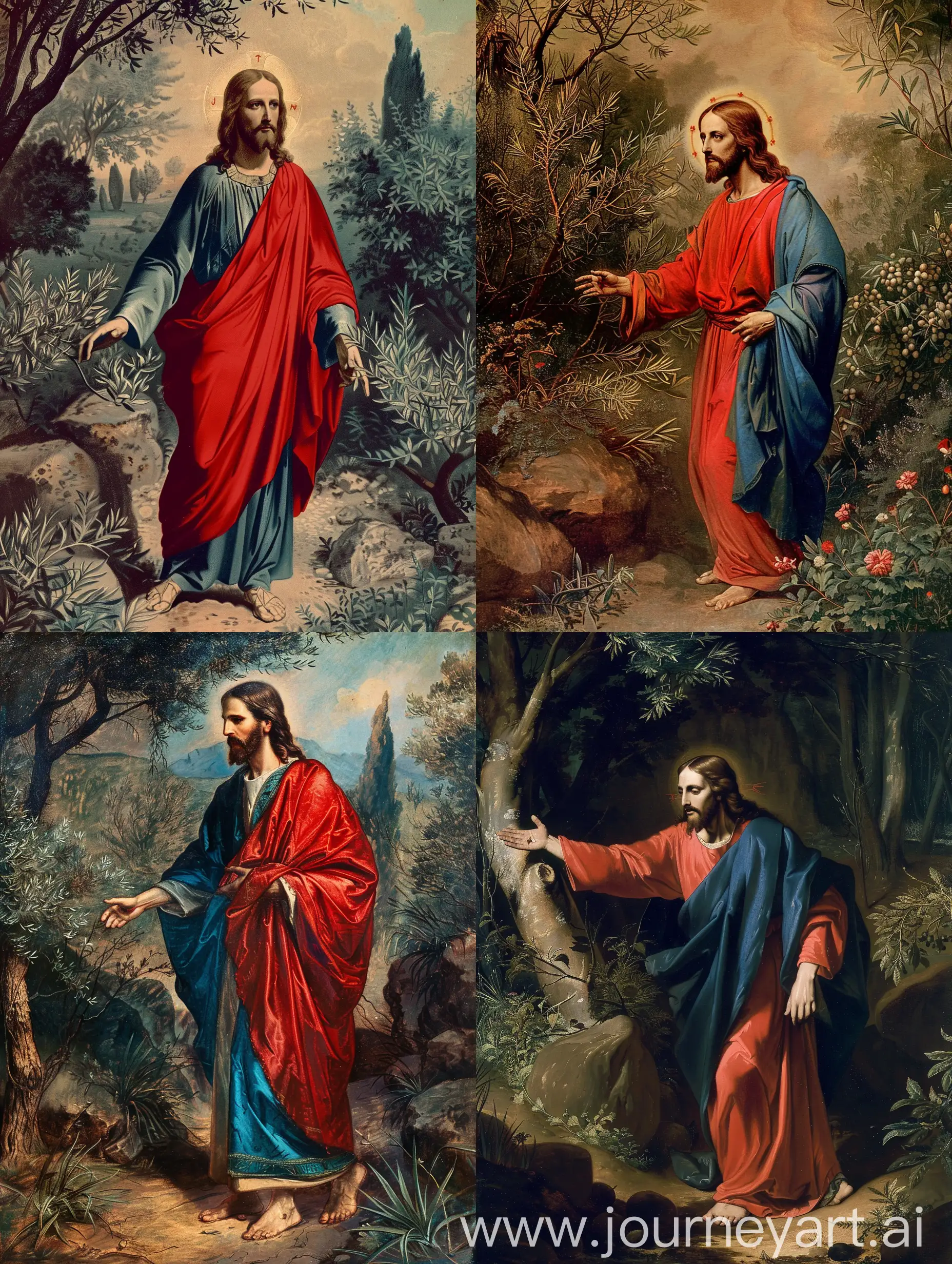 Jesus in his red and blue robe in the garden of olives