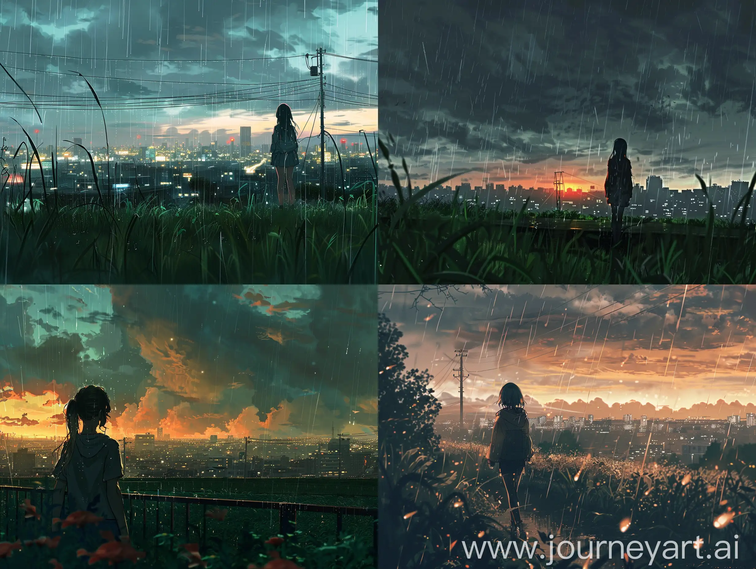 Girl-Watching-Cityscape-at-Dawn-in-Heavy-Rain-Anime-Style