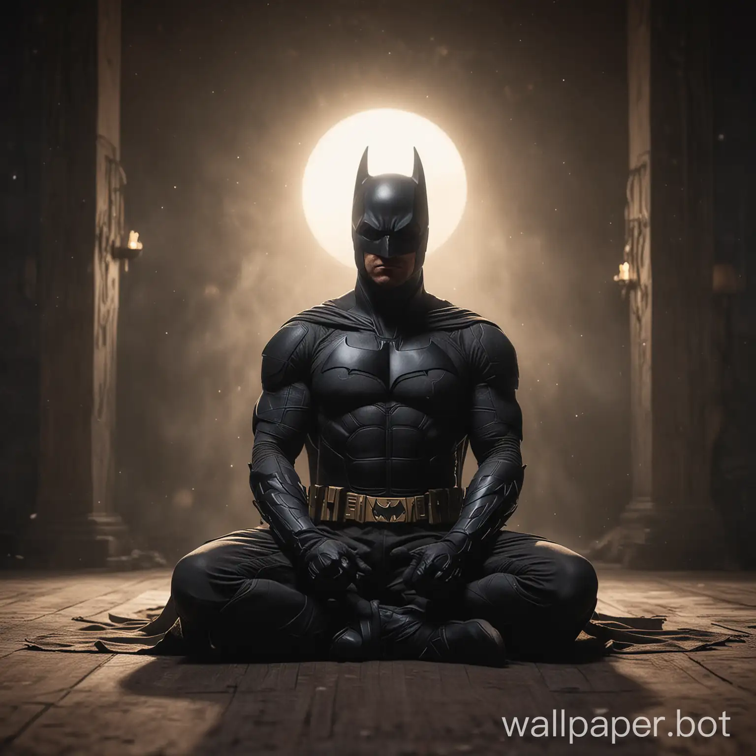 batman sit on the floor and doing vipassana meditation with a close eye and behind him there is a soft light of a god which show that how meditation purify the inner soul, a peaceful environment, whole universe is stand with him. a beautiful aura creates from the batman. his mind is now control by him and he became a beautiful soul. all the energies are present in them. Everybody loves him. he has a high testosterone, and he has muscular body with an attractive face. a peace is shown on his face.