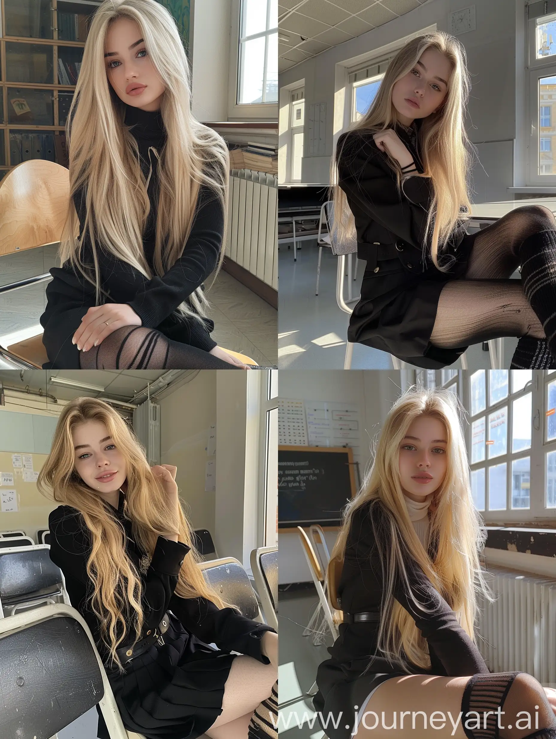 1 russian  girl,    long  blond  hair ,   22  years  old,    influencer,    beauty   ,     in  the  school    ,school black  uniform  ,  makeup,   smiling, chão view,      sitting  on  chair  ,    socks  and  boots,    no  effect,     selfie   , iphone  selfie,      no  filters ,   iphone  photo    natural