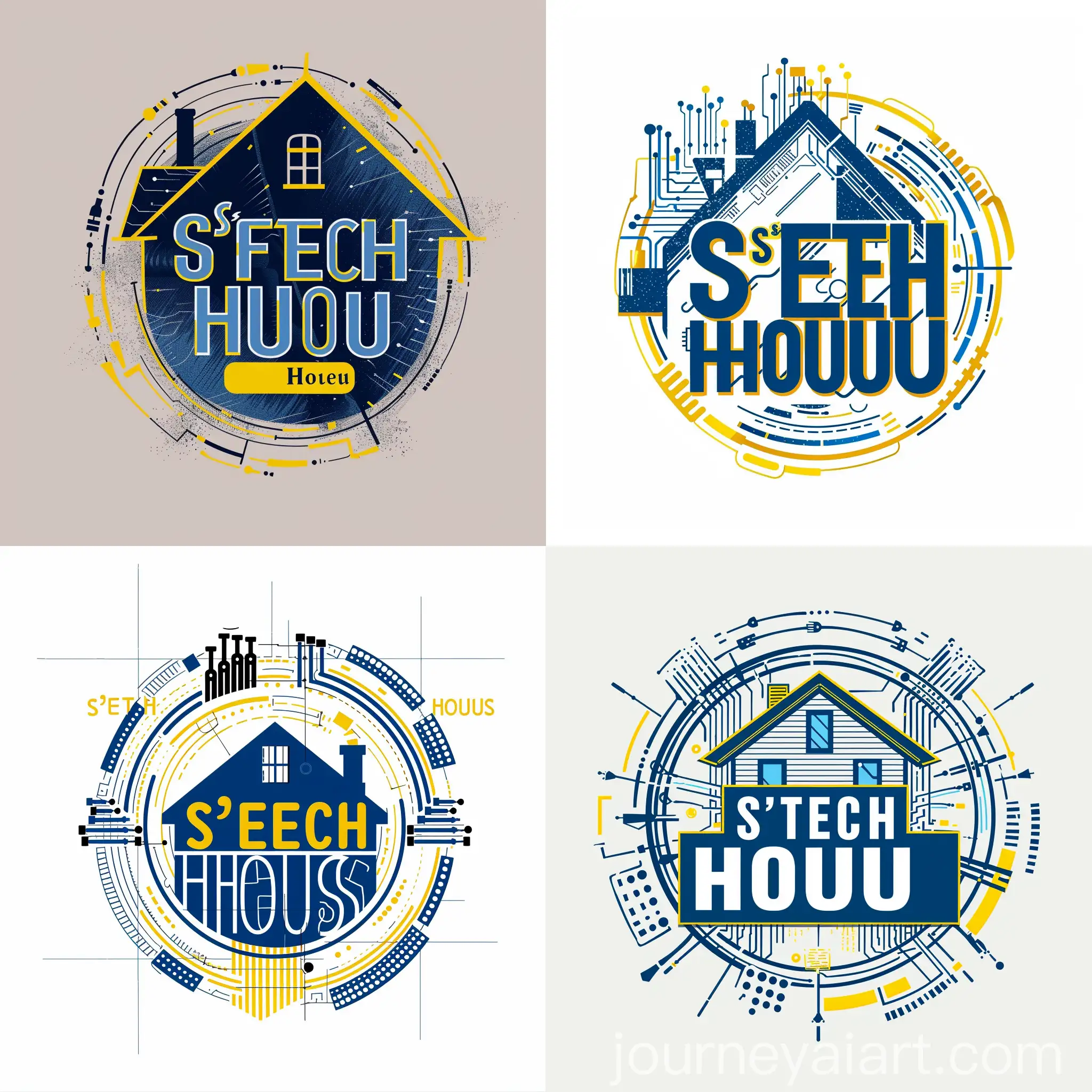 a logo design,with the text "S'Tech House", main symbol:Styled house and lines of circuit around. The Text 'S'Tech House' is in blue with a modern font, and yellow accents,Moderate,clear background