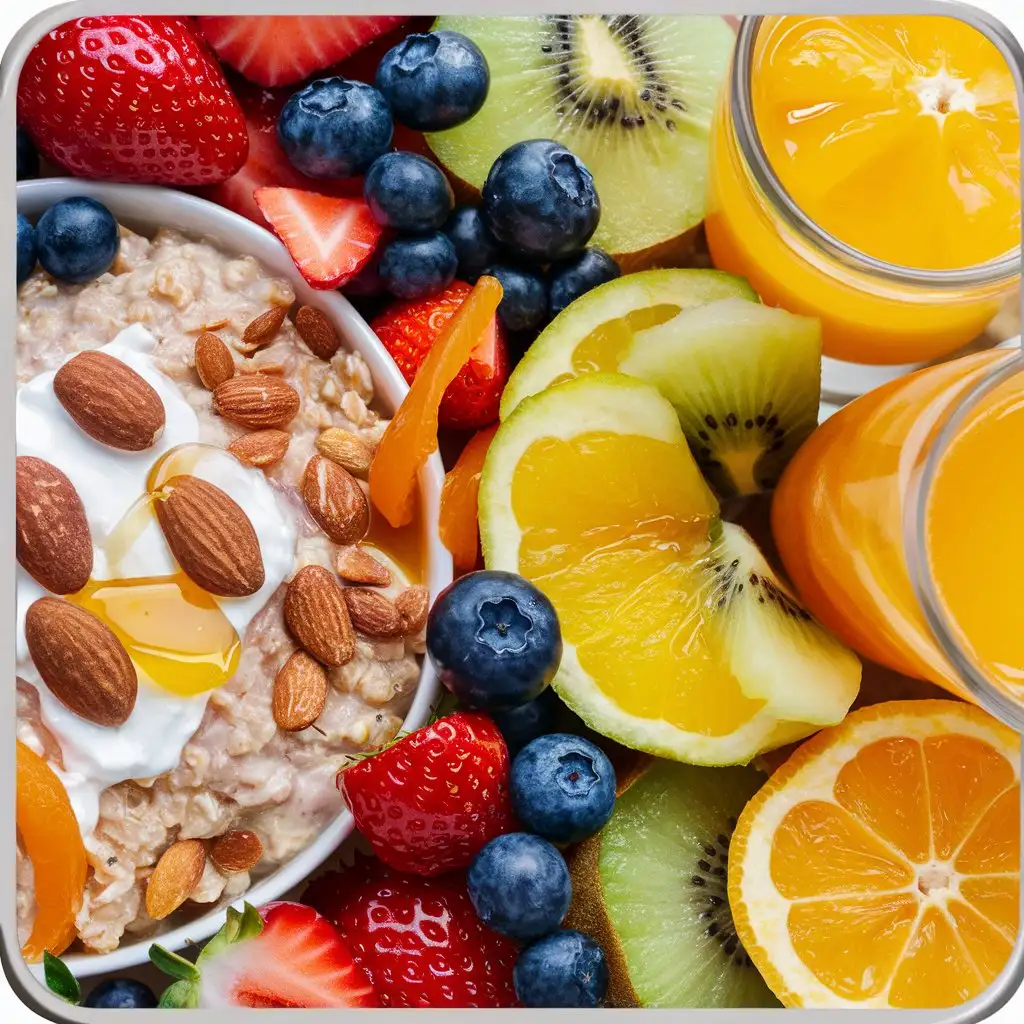 A photorealistic close-up of a healthy breakfast spread with colorful fruits and whole grains.