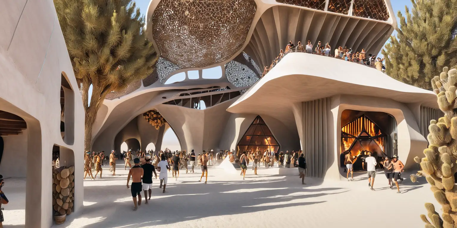 Burning Man Inspired Architecture in Desert Blaze with Dancing Crowds