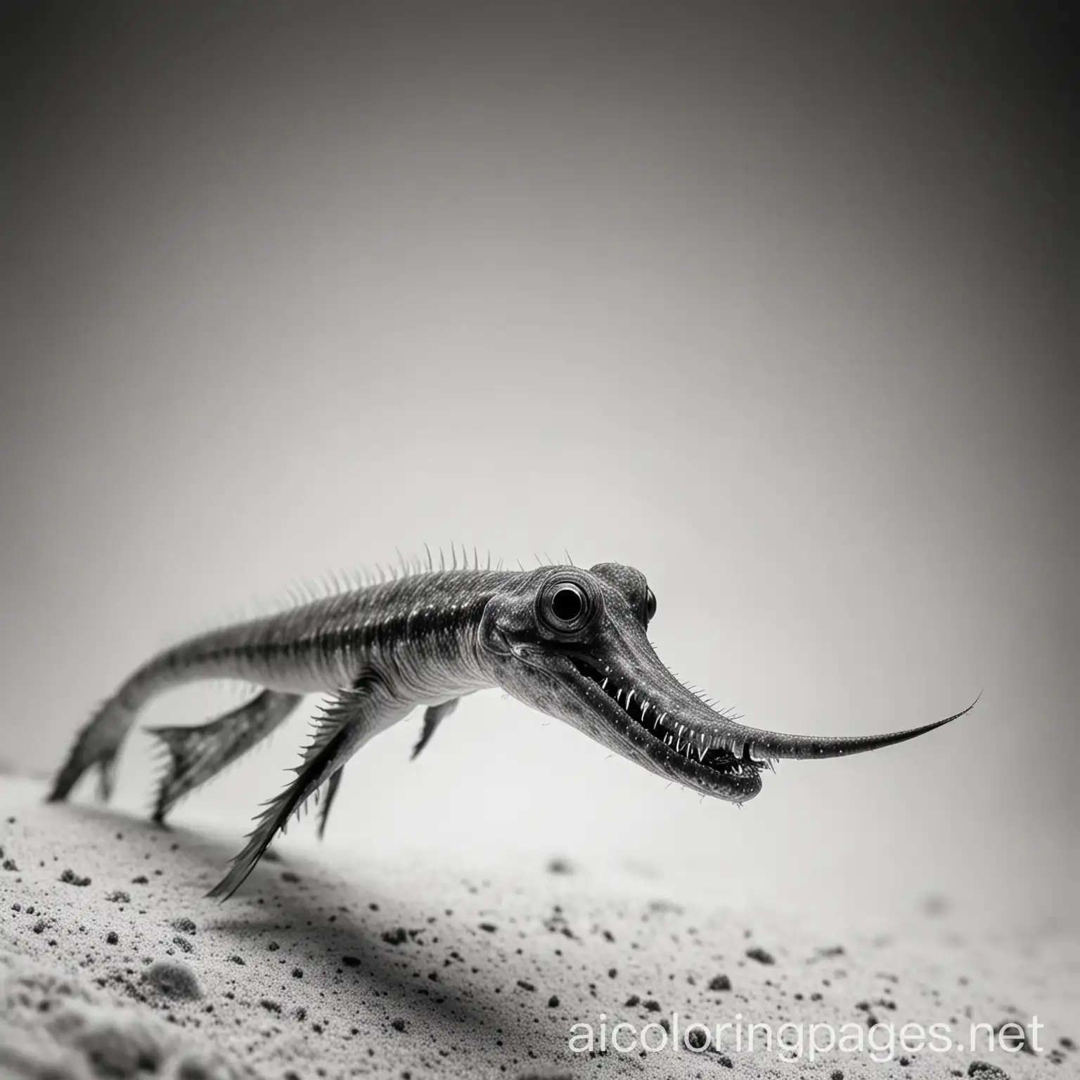 a smooth pipefish with sharp teeth in an open mouth swimming in the mariana trench with water all around, Coloring Page, black and white, line art, white background, Simplicity, Ample White Space.