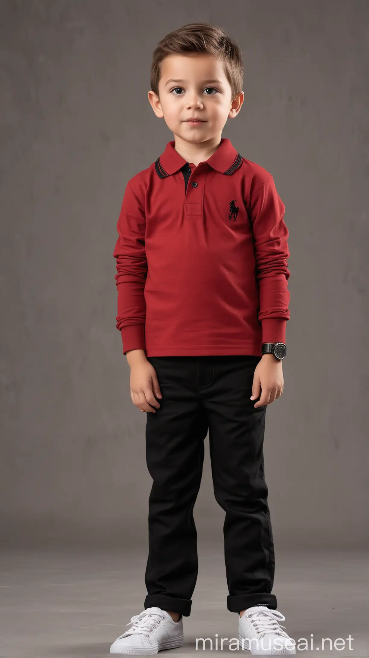 A four years boy wearing a full-sleeved red polo shirt with black trousers. Real, urban, full body, full image.